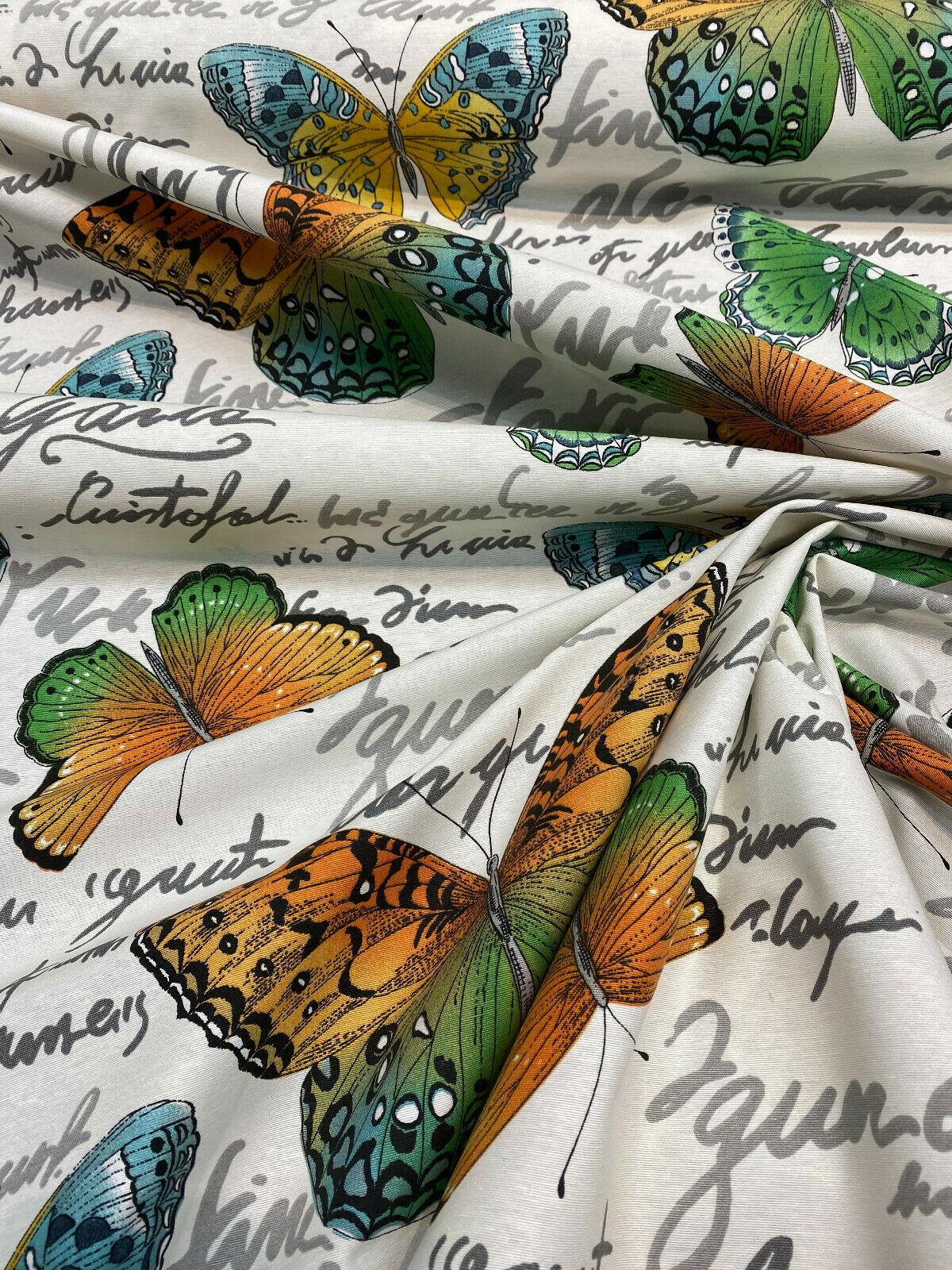Garla Butterfly Midori Cotton Fabric - Orange, Green, Blue, Yellow Butterfly Print, 54" Width (1 Yard)