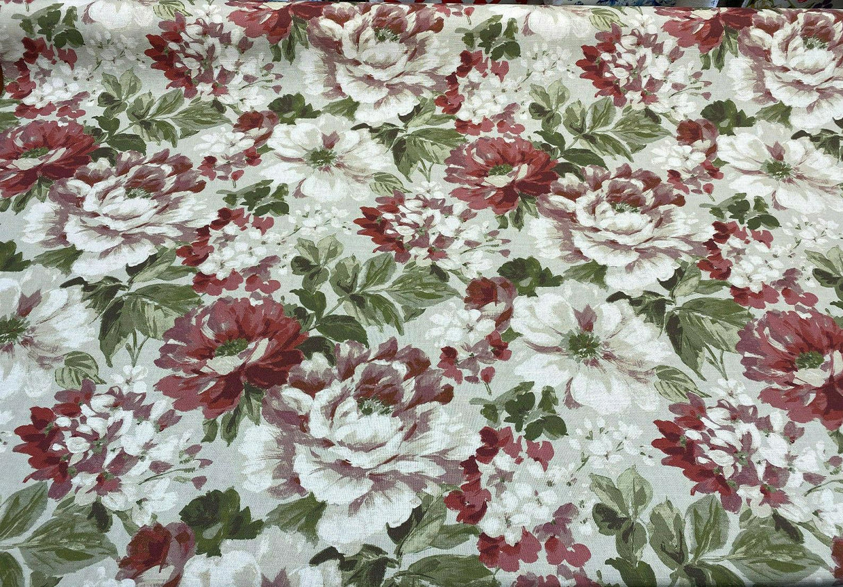 Lumi Floral Vintage Garden Cotton Fabric - Green And Rustic Pink Floral Print, 54" Width (1 Yard)