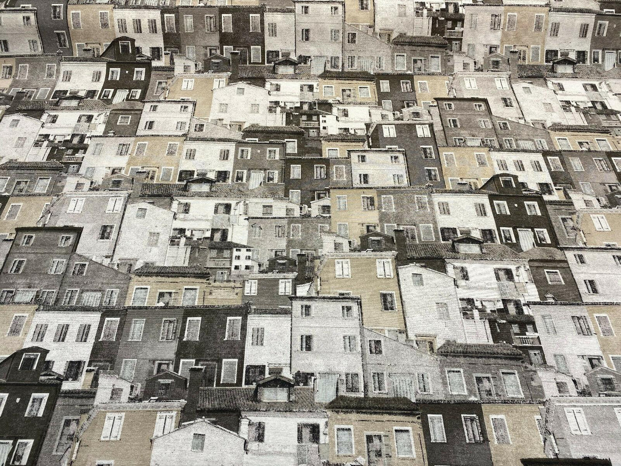 Architecture Building Toile Symi Sepia Cotton Polyester Fabric - Beige Gray Sepia Black Off White, Drapery Upholstery, By The Yard (1 Yard)