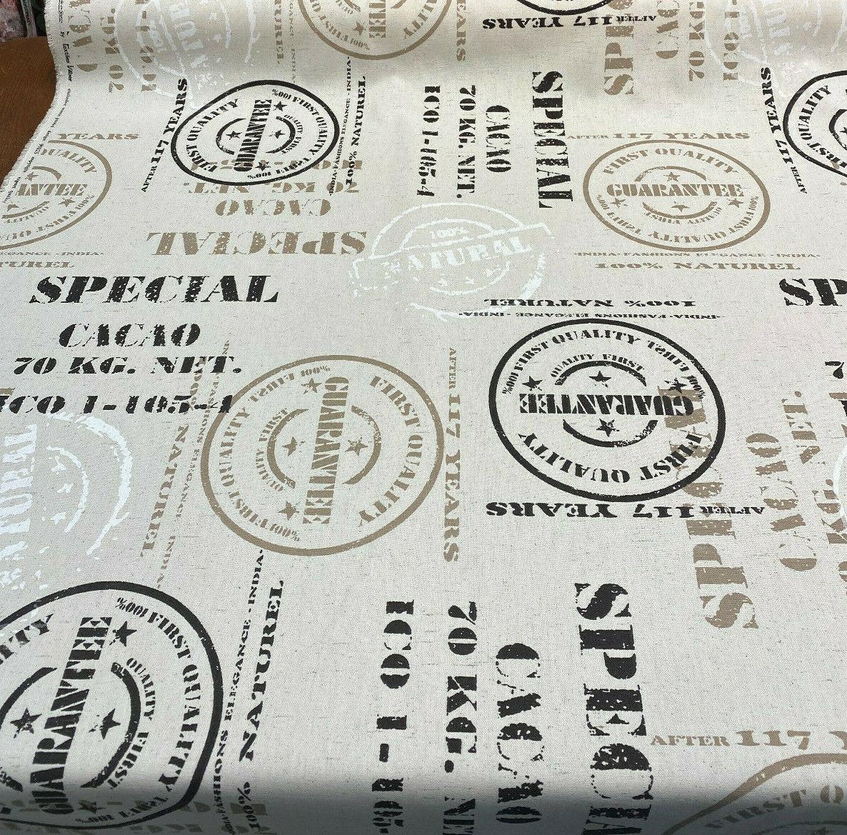 Cacao Special Sepia Cotton Fabric - White Brown On Beige Linen Background, 54" Width, 27" Horizontal Repeat, 24.5" Vertical Repeat (1 Yard)
