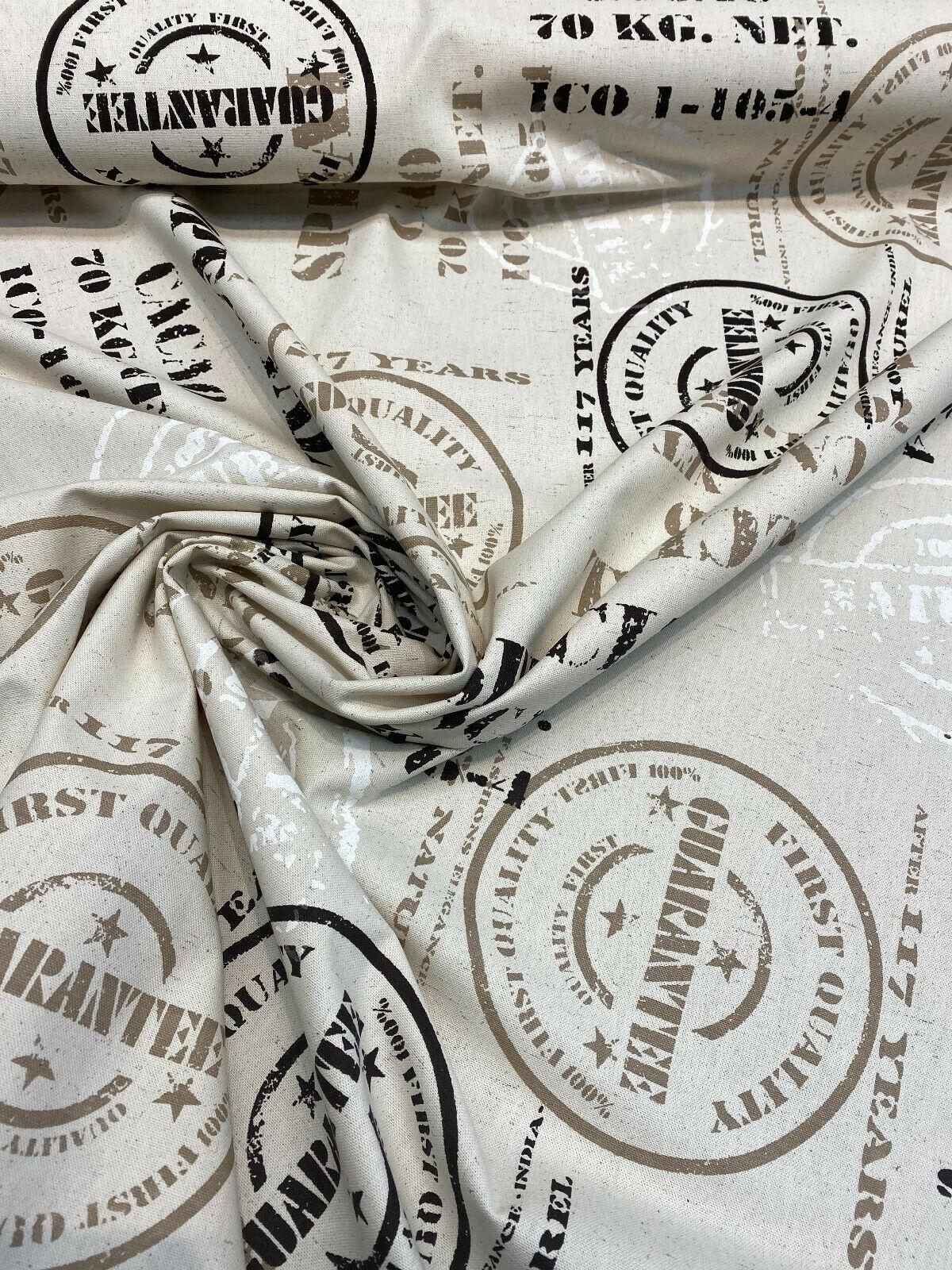 Cacao Special Sepia Cotton Fabric - White Brown On Beige Linen Background, 54" Width, 27" Horizontal Repeat, 24.5" Vertical Repeat (1 Yard)
