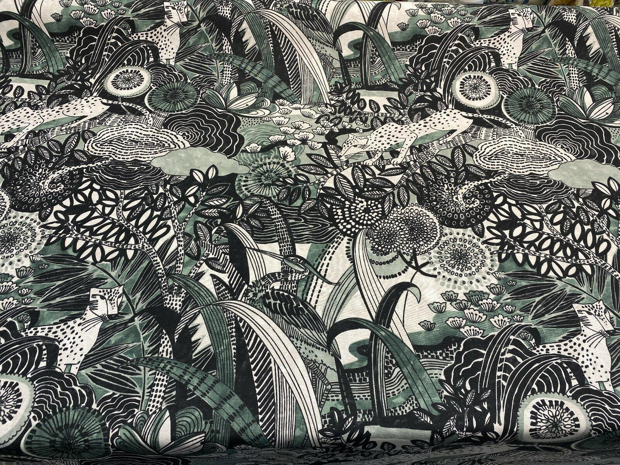 Jungle Toile Cotton Polyester Fabric - Green Forest Animal Toile, 27" Horizontal Repeat, 25" Vertical Repeat (1 Yard)