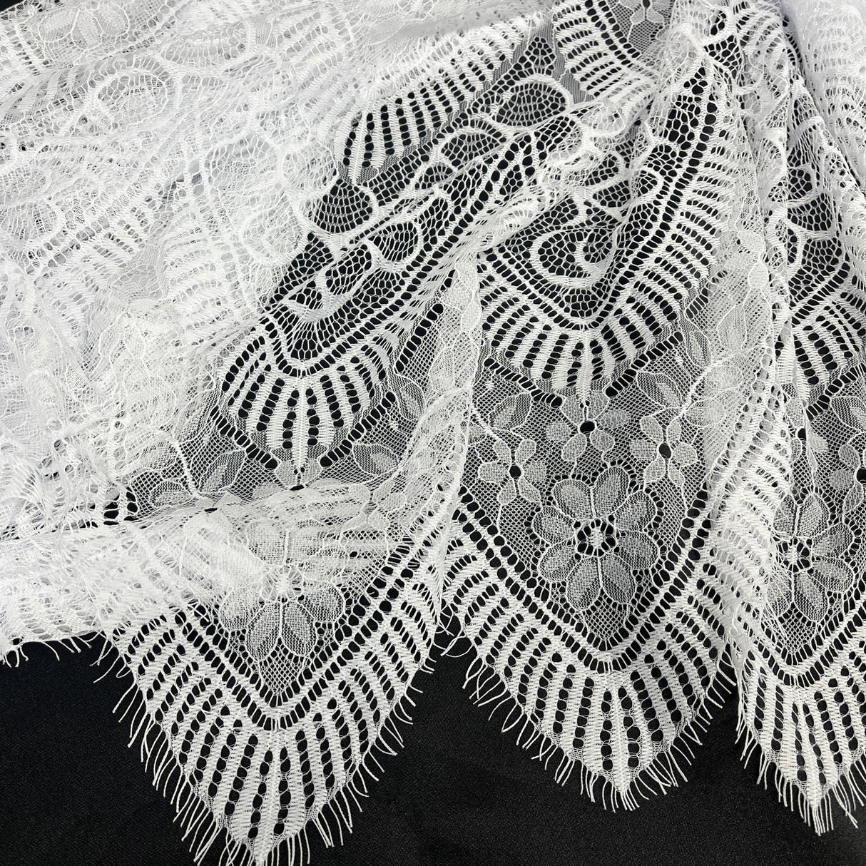 Embroidered Chantilly Lace Fabric with Eyelash Scallop