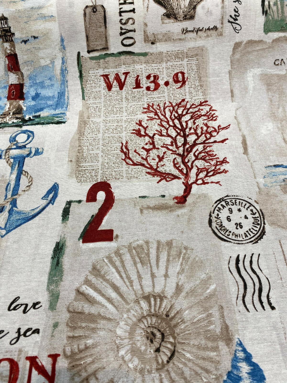 Beside The Sea London Watchtower Cotton Polyester Print Fabric - Red Blue Green Beige On Sepia Background, 54" Width (1 Yard)