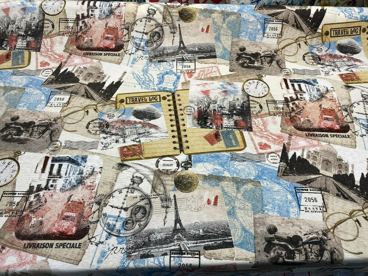 Travel Eiffel Tower Taj Mahal Sydney Cotton Polyester Print Fabric - Multi Color Travel Motif, 54" Width (1 Yard)