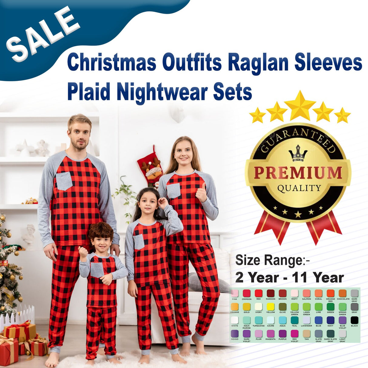 Christmas Outfits Raglan Sleeves Plaid Nightwear Sets
