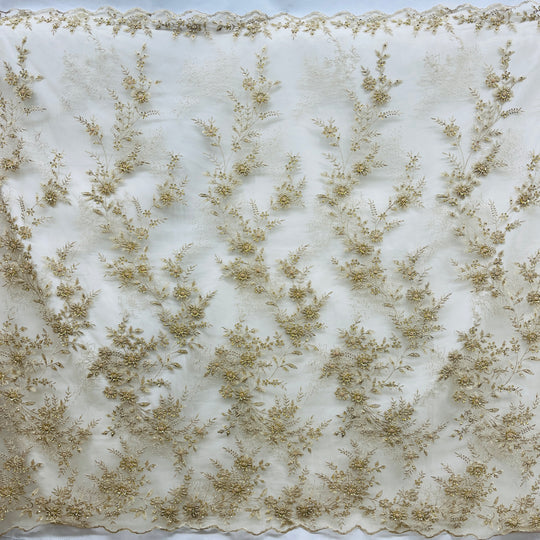1 Yard Beaded Floral Lace Fabric Embroidered on Polyester Net Mesh 51 inch Width