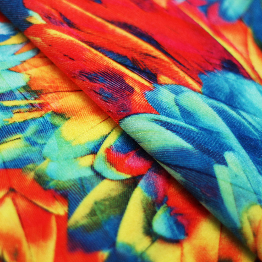 Tropical Feathers Polyester Spandex Fabric - Multicolor Feather Print, 58/60" Width, 200 GSM (1 Yard)