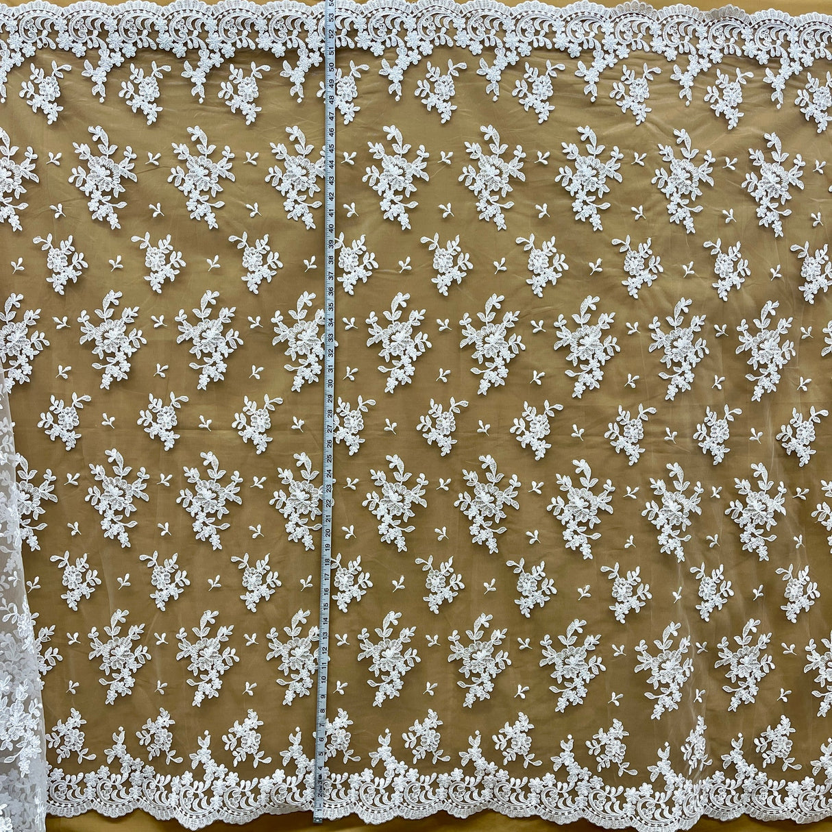 1 Yard Corded Bridal Lace Fabric Embroidered on 100% Polyester Net Mesh – Silver – 53"