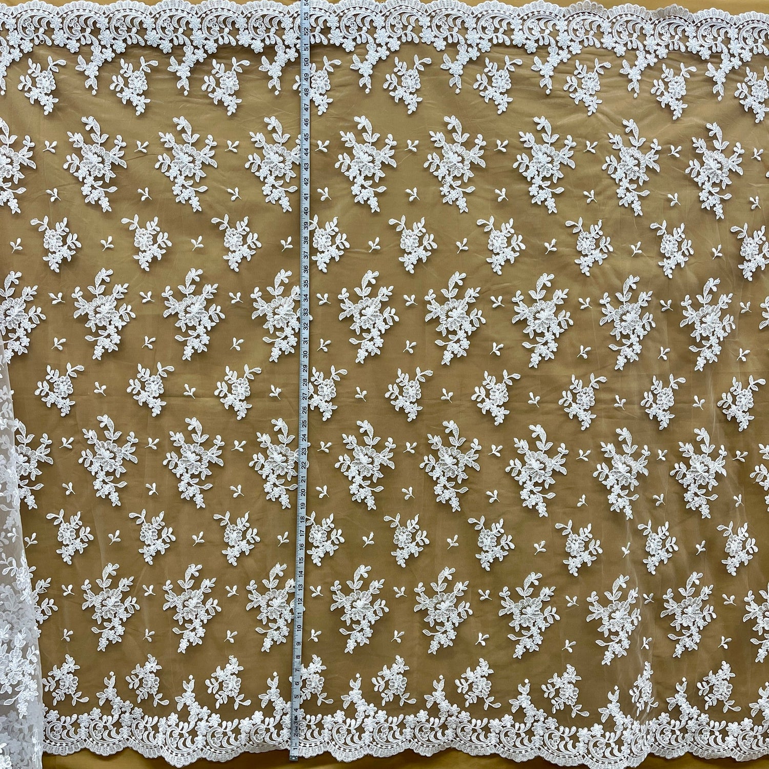 1 Yard Corded Bridal Lace Fabric Embroidered on 100% Polyester Net Mesh – Silver – 53"