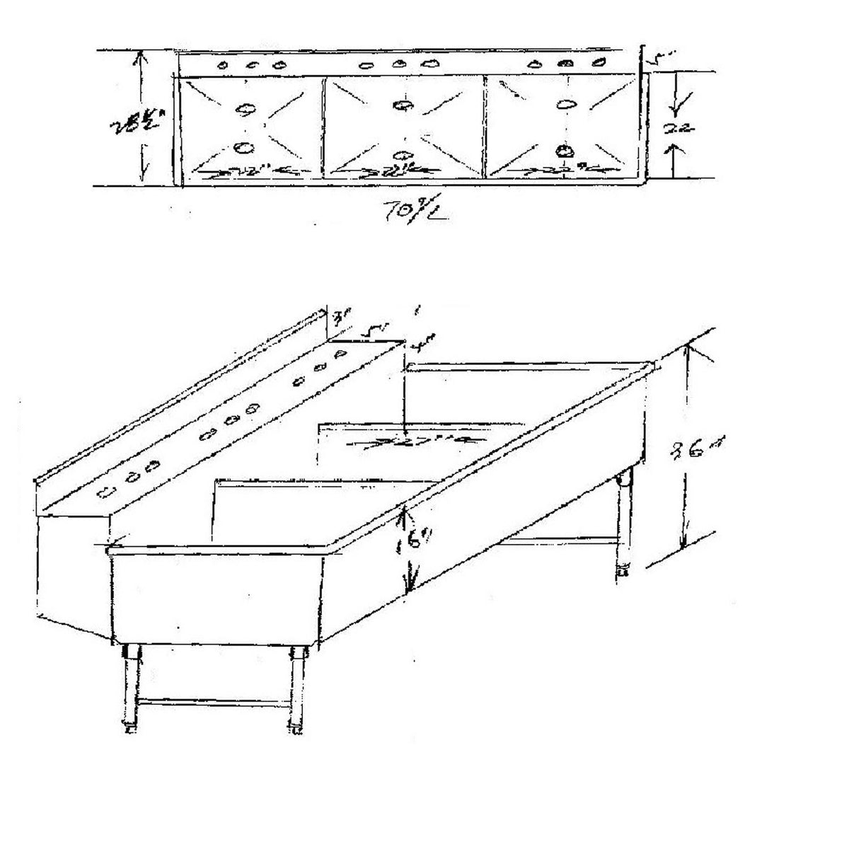Custom Stainless 3 Compartment Sink, 70" Wide, 22" X 22" X 16"D Per Comp.