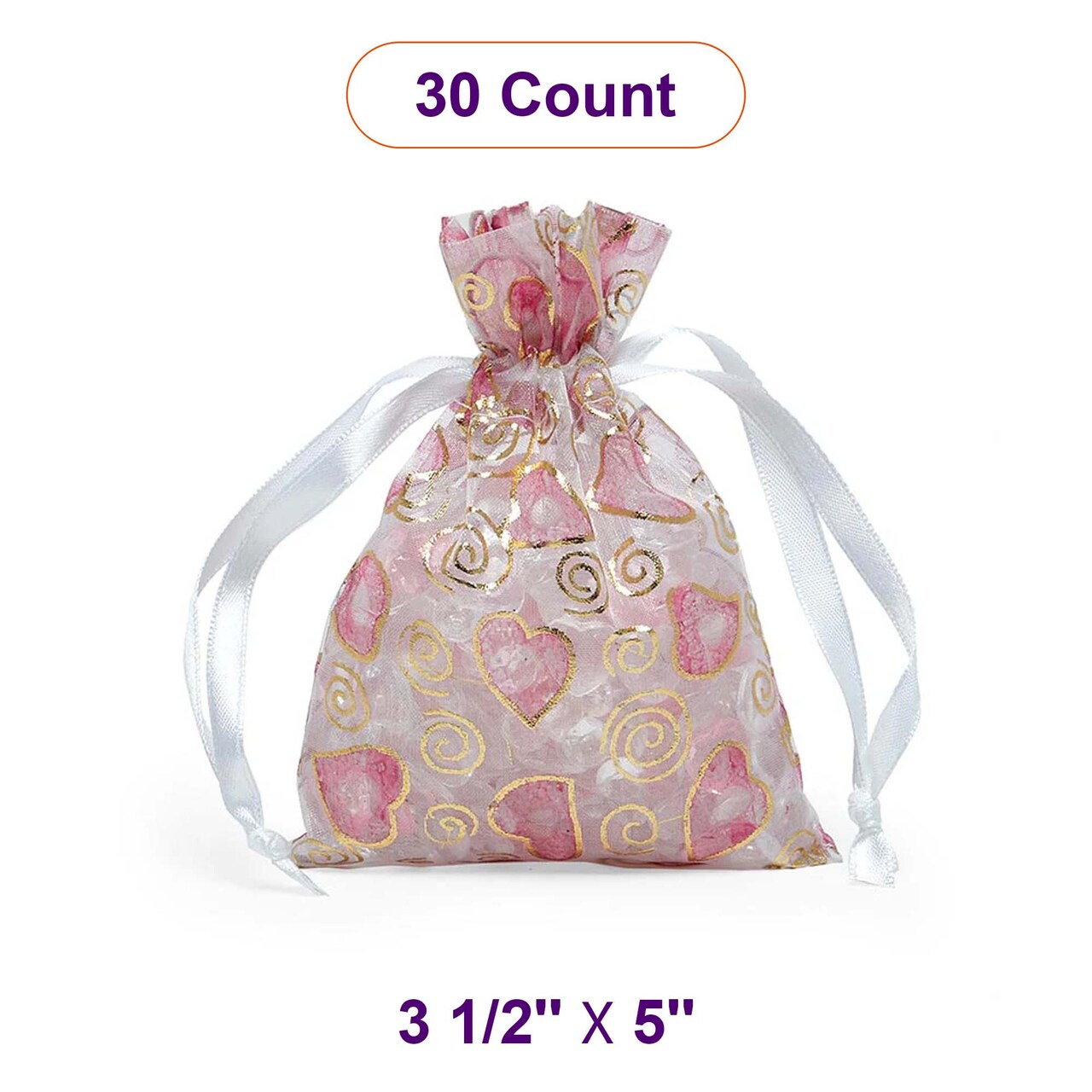 Printed Patterns On Flat Organza Bags 3 1/2 '' x 5 '' Hearts & Swirls Color 30 EACH / PACKAGE