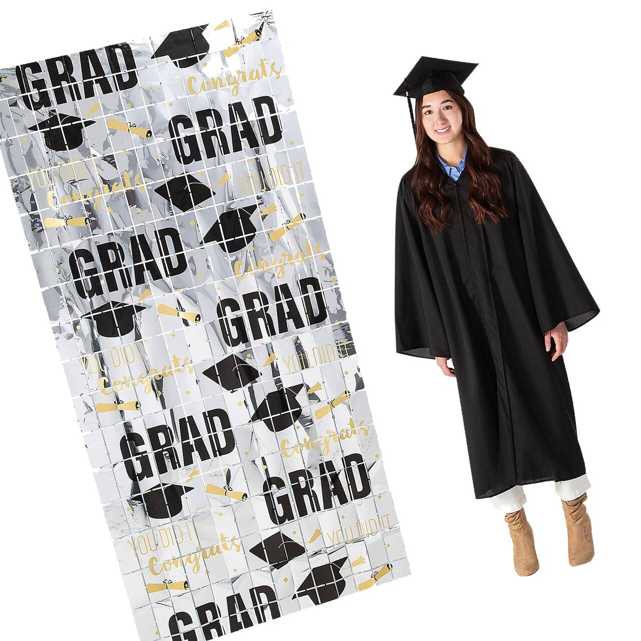 38" x 78" Metallic Silvertone Congrats Grad Mortarboard Curtain
