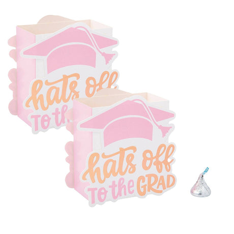 4 1/2" x 4 1/2" Graduation Party Pink Hats off to the Grad Favor Boxes - 12 Pc.