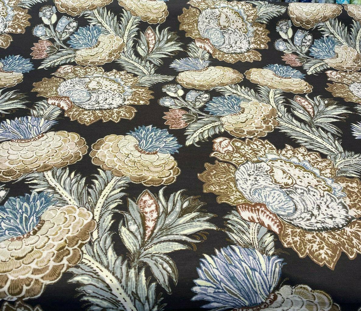 Pkl Studio Balinese Garden Floral Caviar Brown Linen Cotton Fabric - Floral Print, Brown/Beige/Taupe, 25.25" Vertical Repeat, 27" Horizontal Repeat (1 Yard)