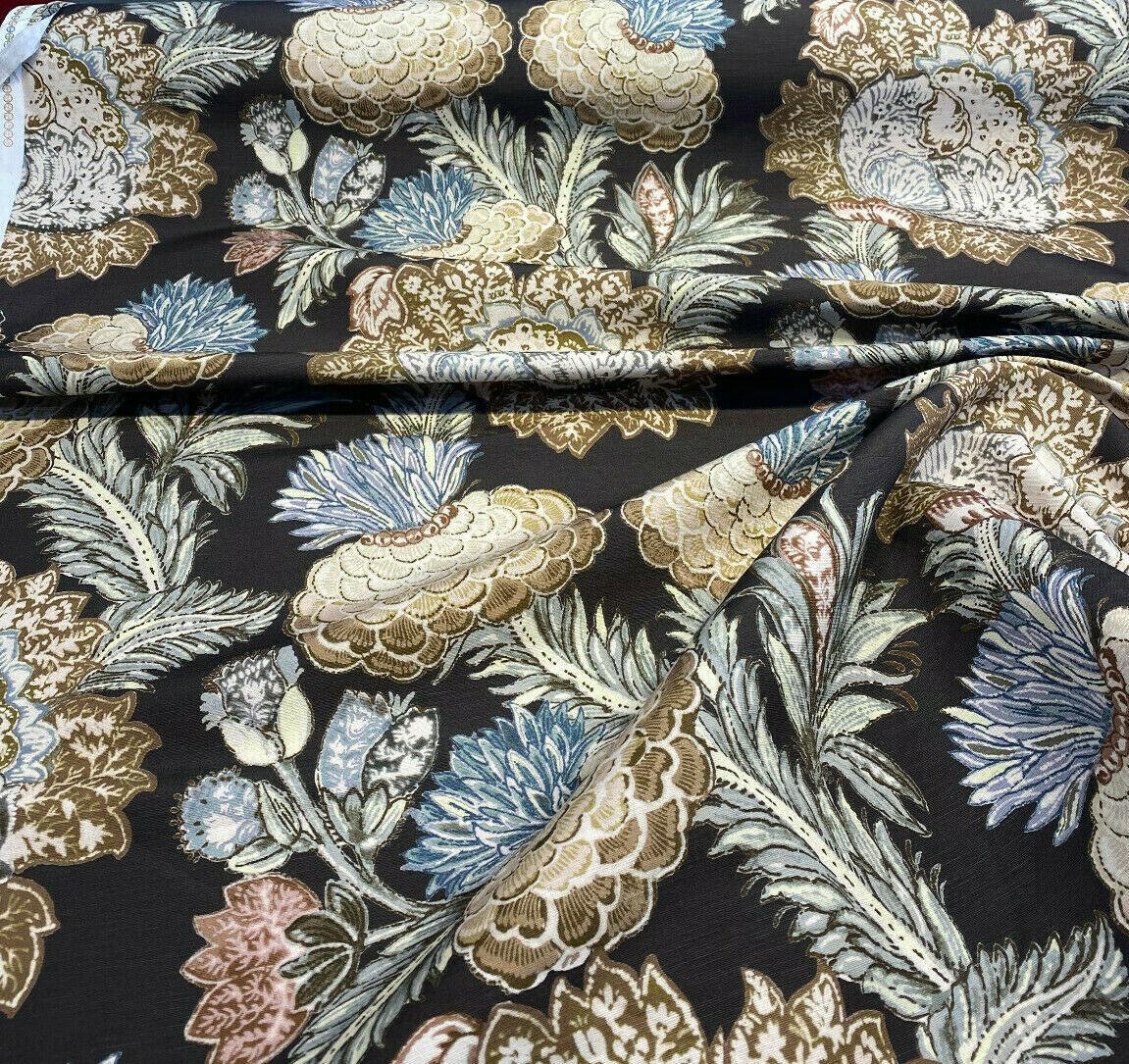Pkl Studio Balinese Garden Floral Caviar Brown Linen Cotton Fabric - Floral Print, Brown/Beige/Taupe, 25.25" Vertical Repeat, 27" Horizontal Repeat (1 Yard)