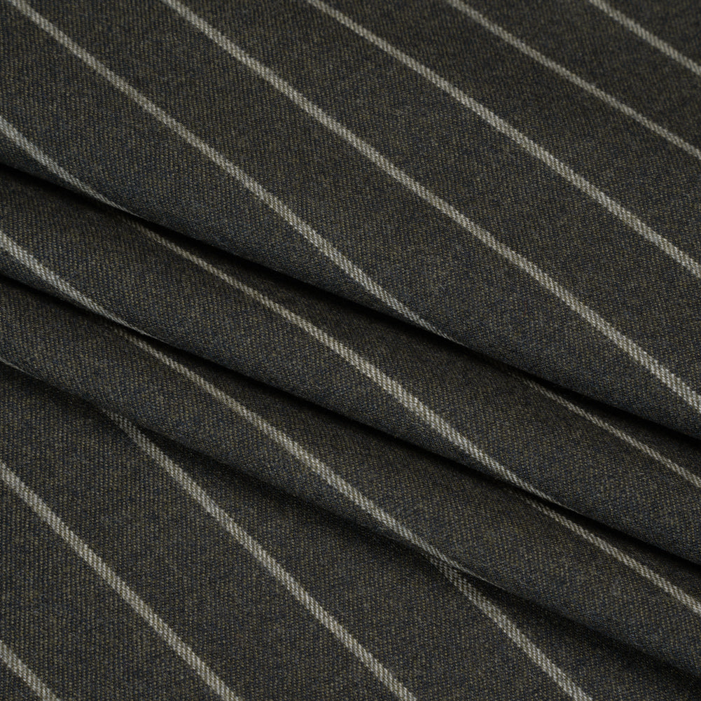 Stretch Virgin Wool Twill Suiting Made in Italy - Dark Green and White Chalk Stripes