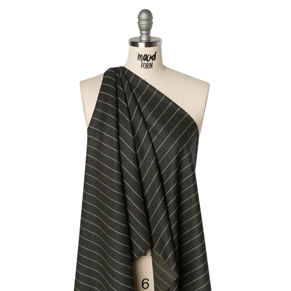 Stretch Virgin Wool Twill Suiting Made in Italy - Dark Green and White Chalk Stripes