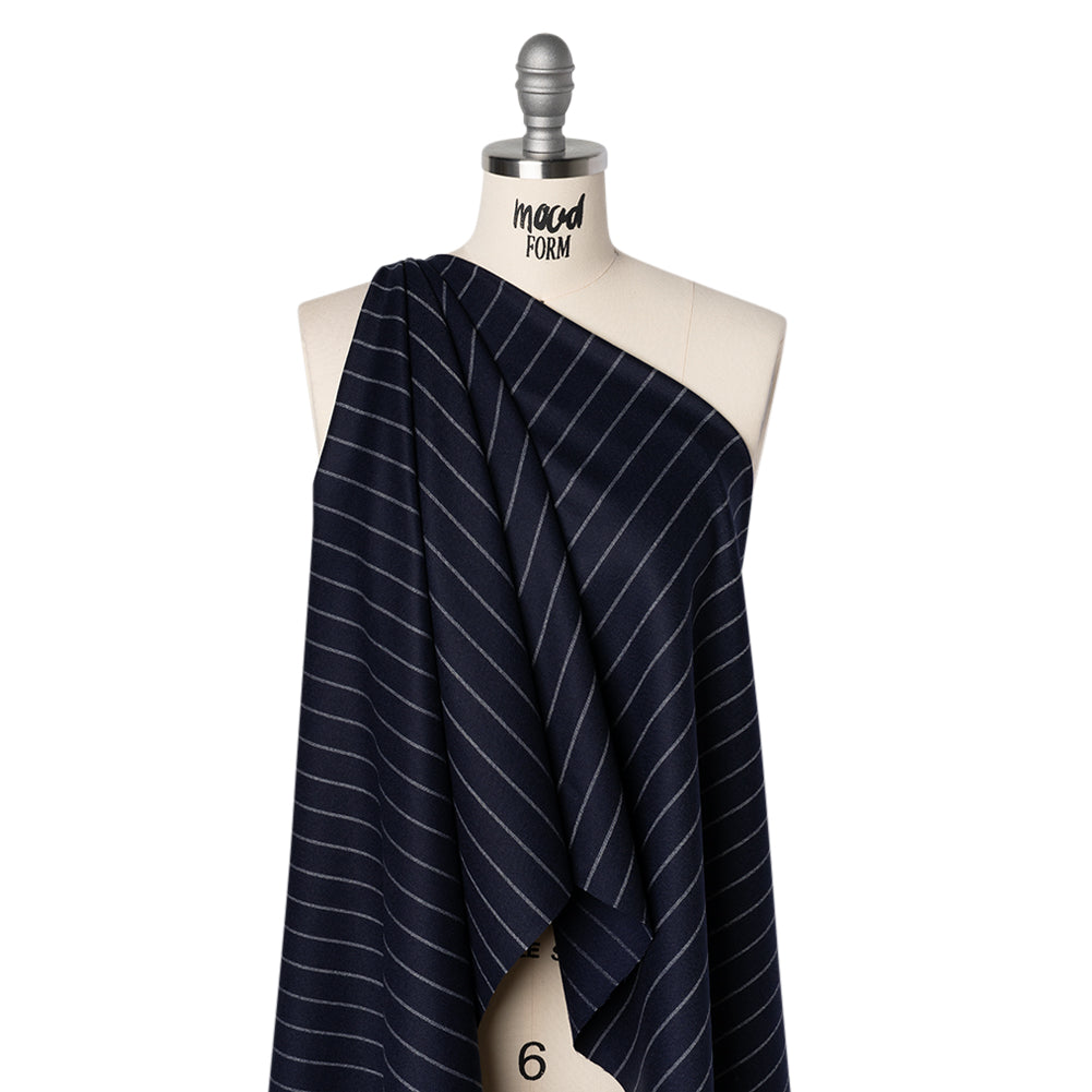 Stretch Virgin Wool Twill Suiting Made in Italy - Navy Blue and White Chalk Stripes