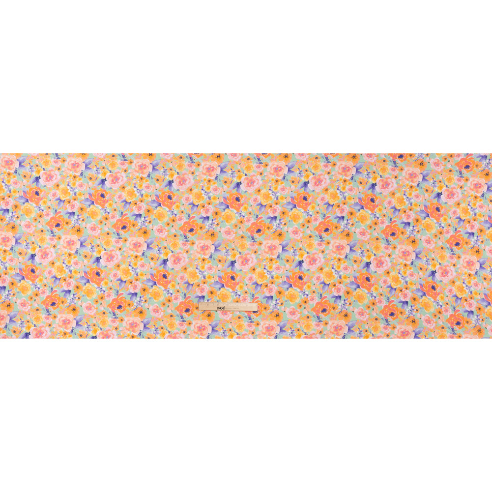 Lightweight Linen Woven Print - Light Sage, Purple and Orange Watercolor Florals