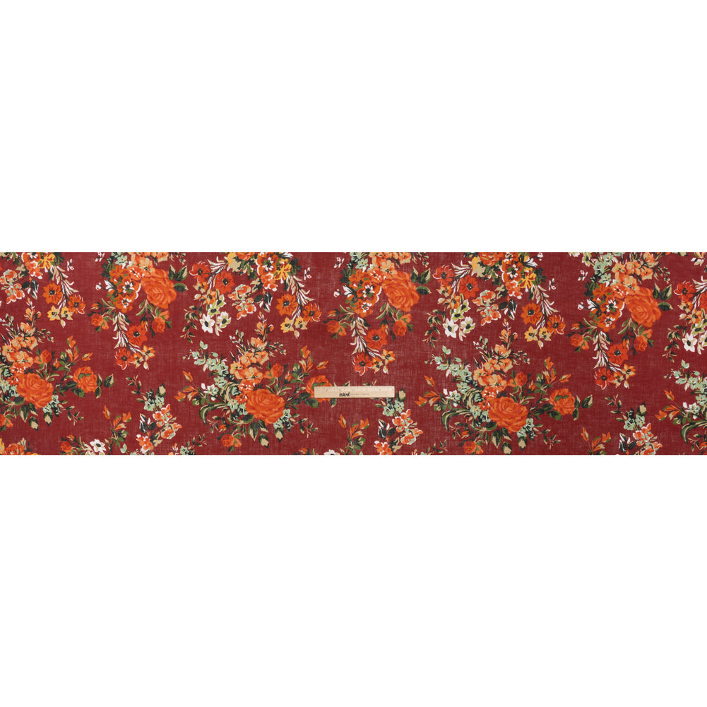 Medium Weight Linen Woven Print - Wine Red, Green and Dark Orange Floral