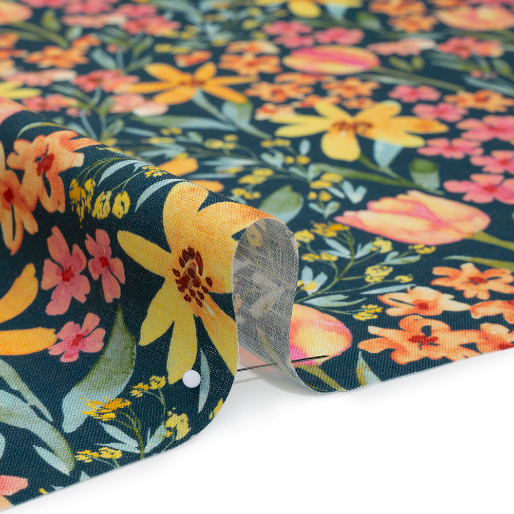Medium Weight Linen Woven Print - Dark Teal, Orange and Pink Tulip Garden