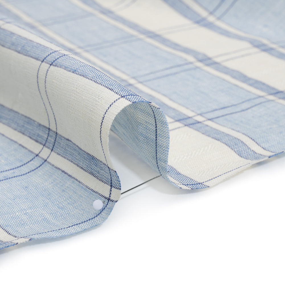 Lightweight Linen Dobby - Light Blue and Cream Plaid with Basketweave Details