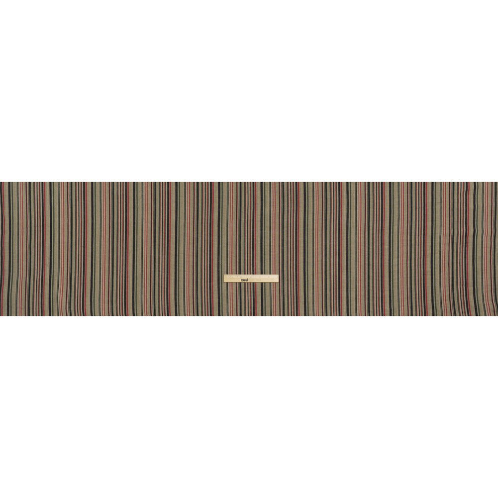 Medium Weight Linen Woven Print - Red, Green and Black Barcode Stripes on Oatmeal