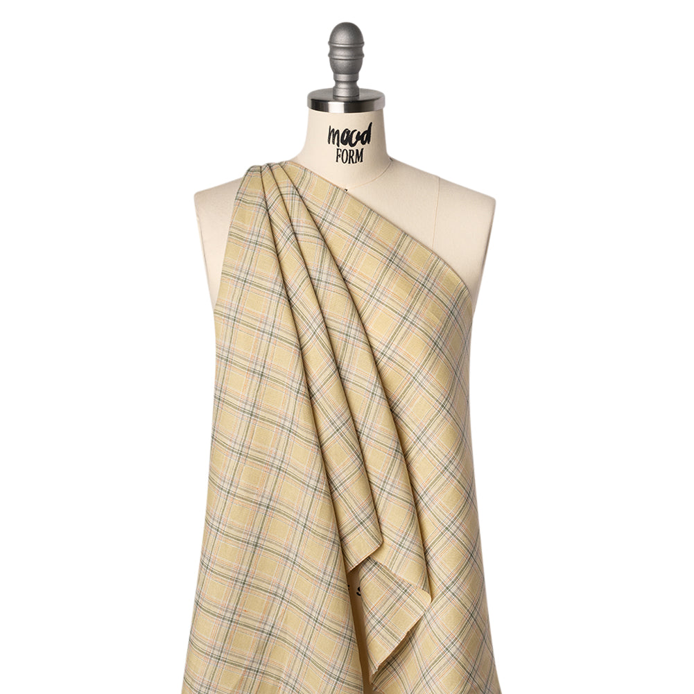 Lightweight Linen Woven - Yellow Beige, Basil Green and Orange Plaid