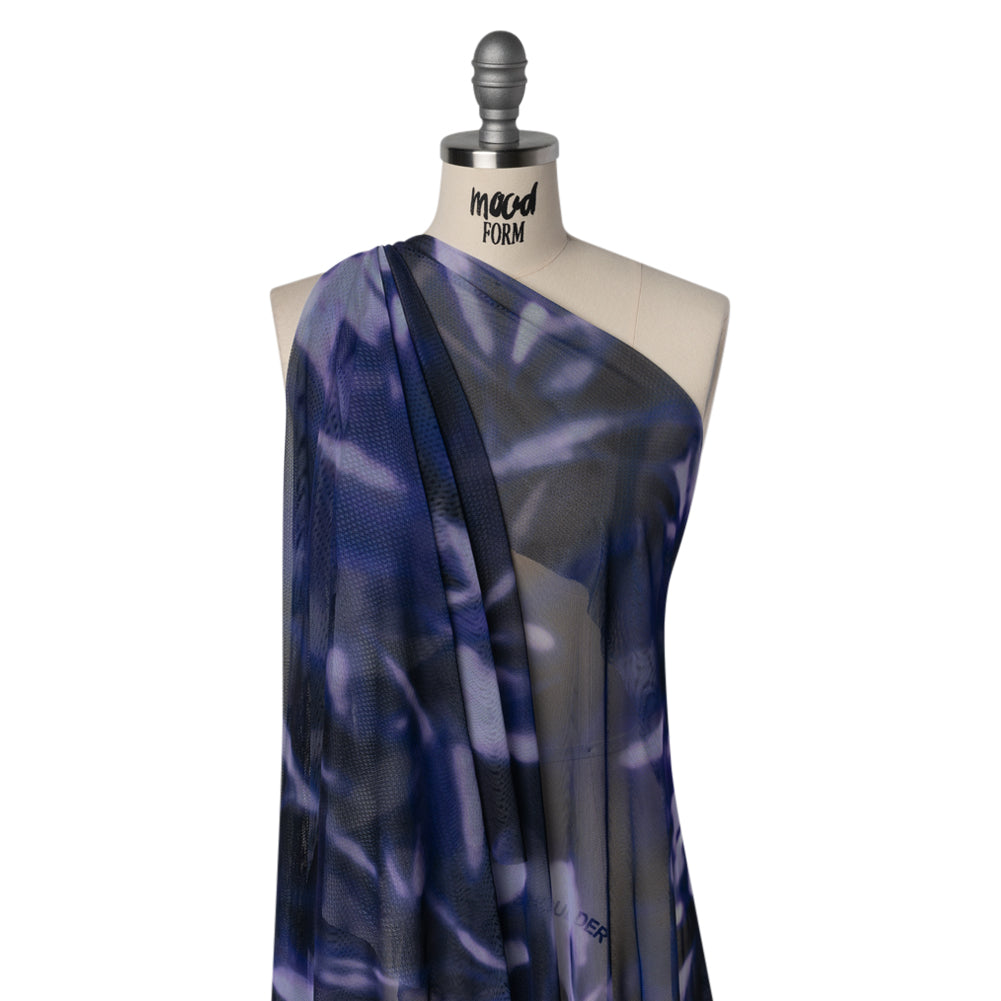 Stretch Polyester Mesh Print - Pale Purple, Ultramarine Blue and Black Abstract Tie Dye - Designer Deadstock