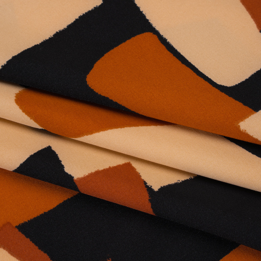 Stretch Polyester Crepe de Chine Print - Beige, Burnt Orange and Black Abstract - Designer Deadstock