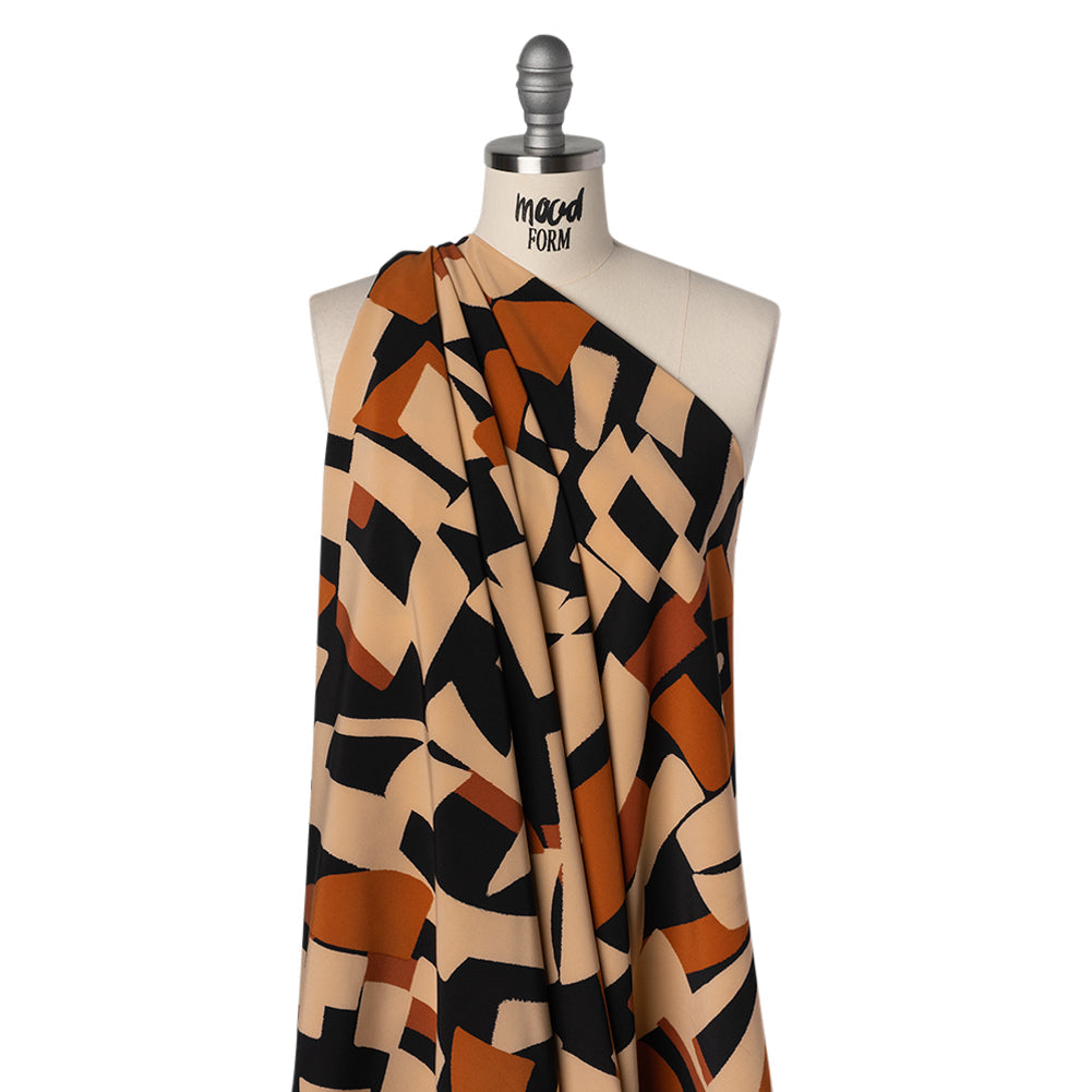 Stretch Polyester Crepe de Chine Print - Beige, Burnt Orange and Black Abstract - Designer Deadstock