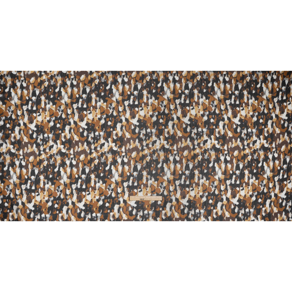 Crinkled Polyester Chiffon Print - Black, Brown and White Painterly Spots - Designer Deadstock
