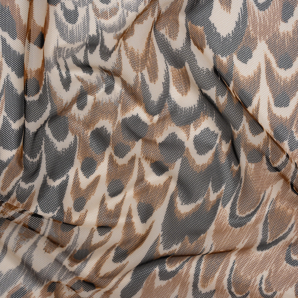 Polyester Stretch Mesh - Brown, Black and Cream Turkey Feathers - Designer Deadstock