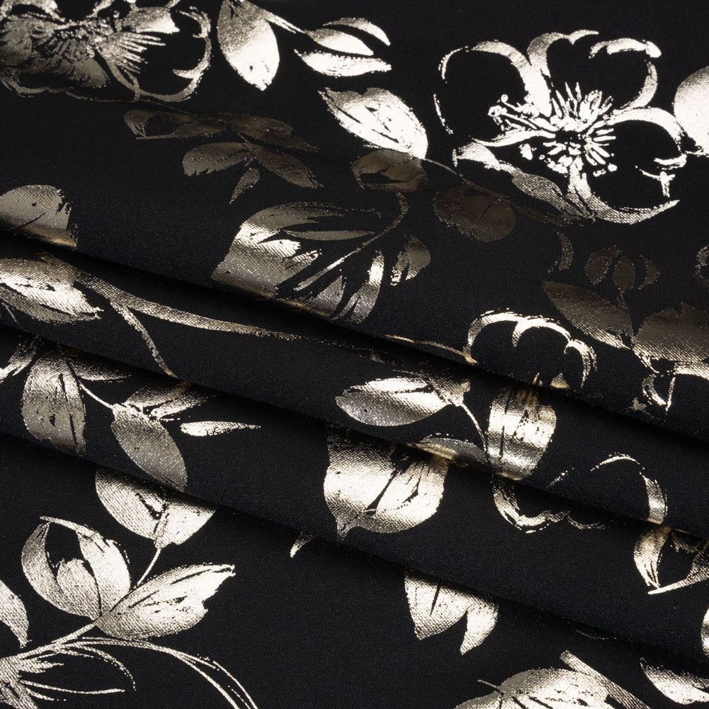 Metallic Stretch Polyester Scuba Knit Print - Black and Gold Floral - Designer Deadstock