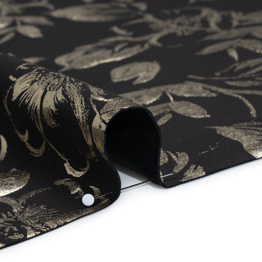 Metallic Stretch Polyester Scuba Knit Print - Black and Gold Floral - Designer Deadstock