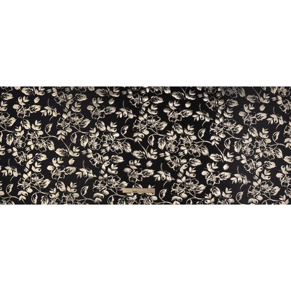 Metallic Stretch Polyester Scuba Knit Print - Black and Gold Floral - Designer Deadstock