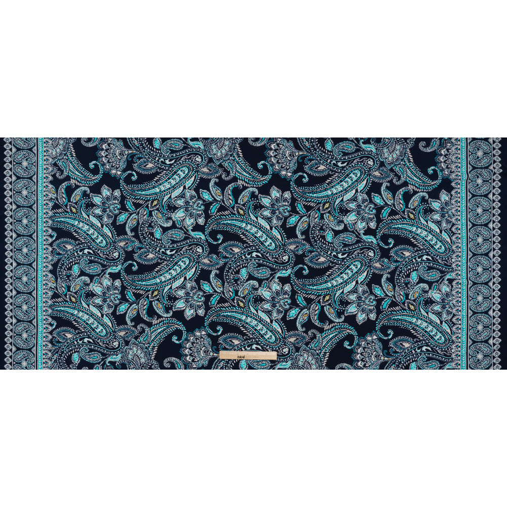Stretch Polyester Tricot with Puff Print Details - Navy, Teal and White Paisley with Borders - Designer Deadstock