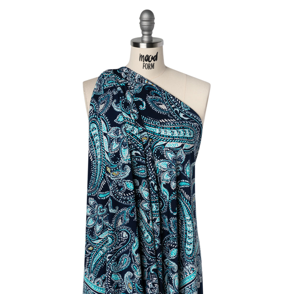 Stretch Polyester Tricot with Puff Print Details - Navy, Teal and White Paisley with Borders - Designer Deadstock