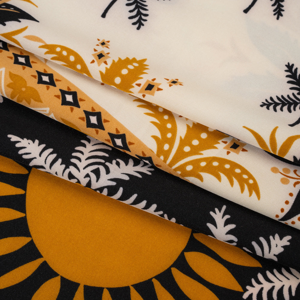 Stretch Polyester Crepe de Chine Print - Cream, Black and Golden Ochre Flowers and Suns Border - Designer Deadstock