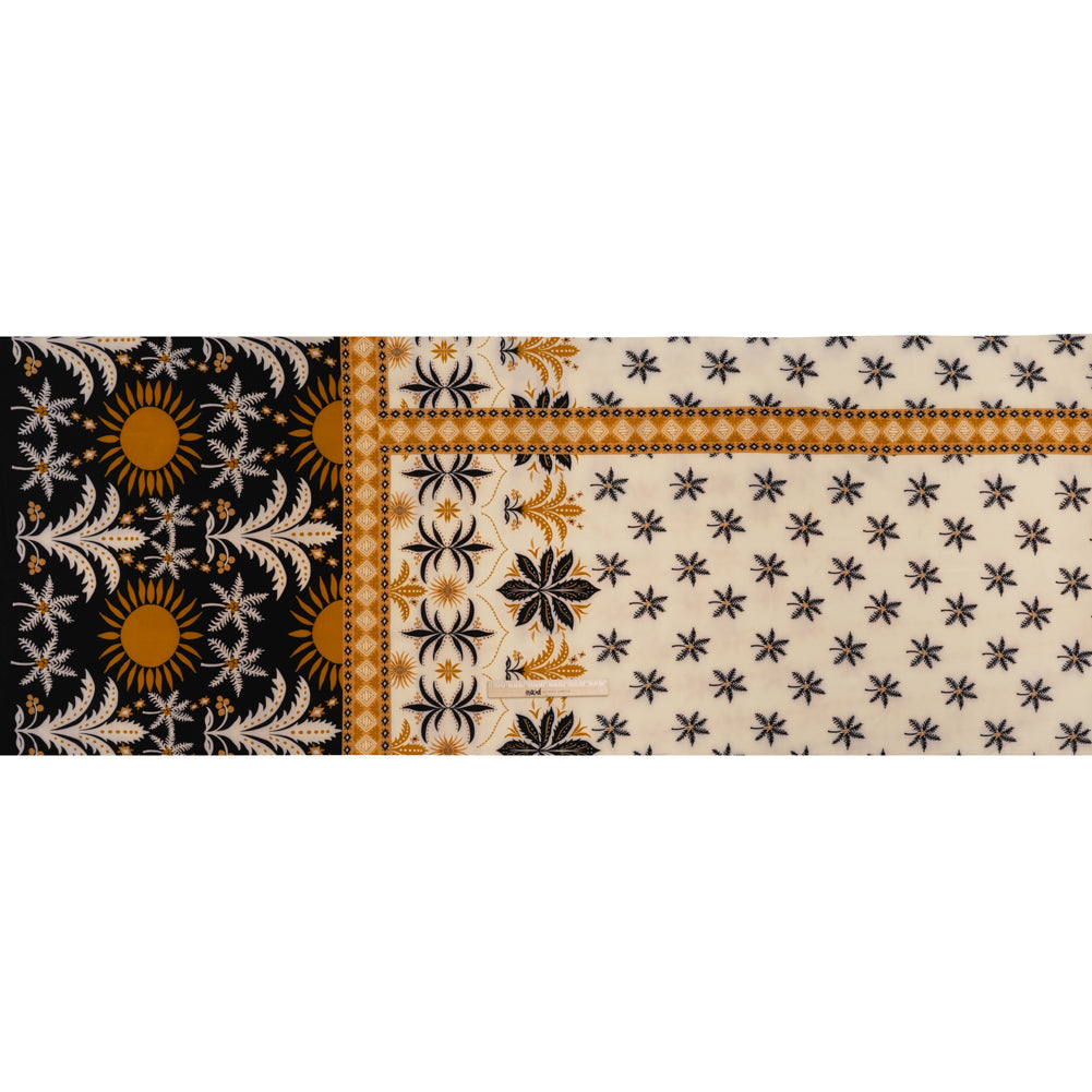 Stretch Polyester Crepe de Chine Print - Cream, Black and Golden Ochre Flowers and Suns Border - Designer Deadstock