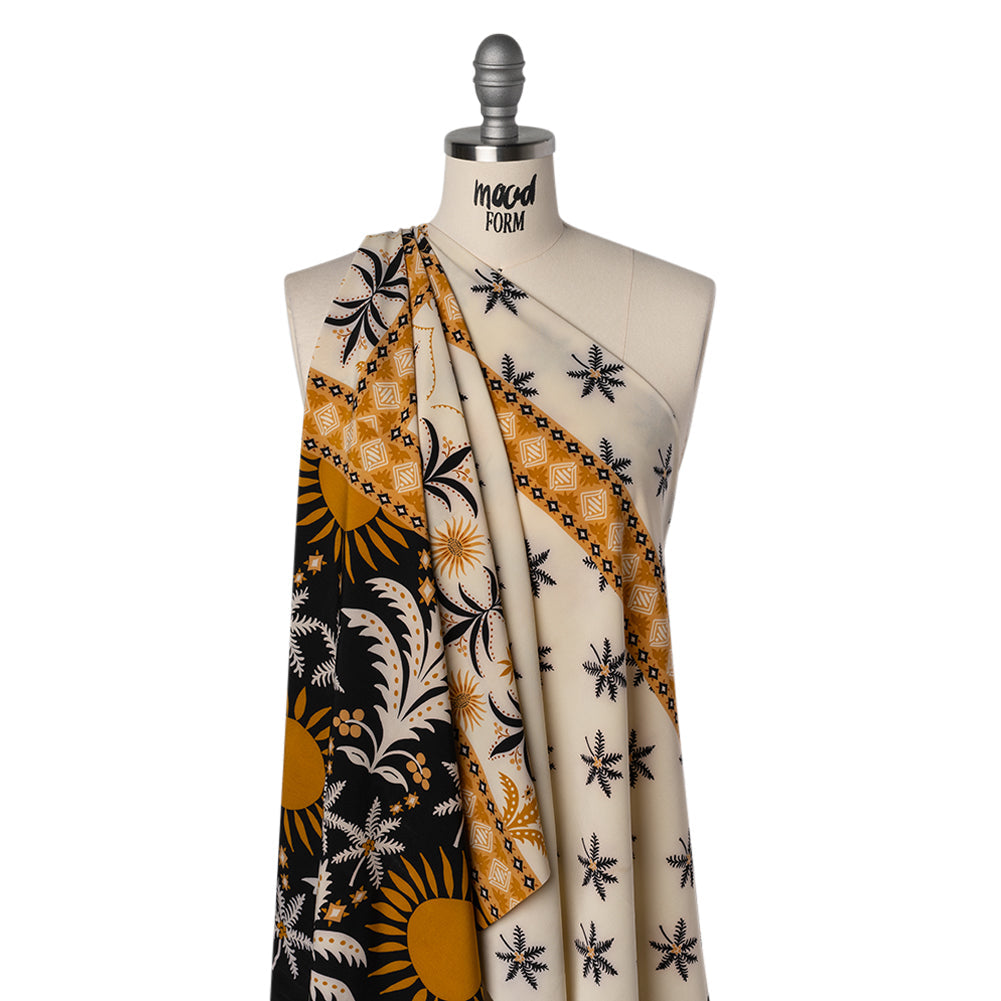 Stretch Polyester Crepe de Chine Print - Cream, Black and Golden Ochre Flowers and Suns Border - Designer Deadstock