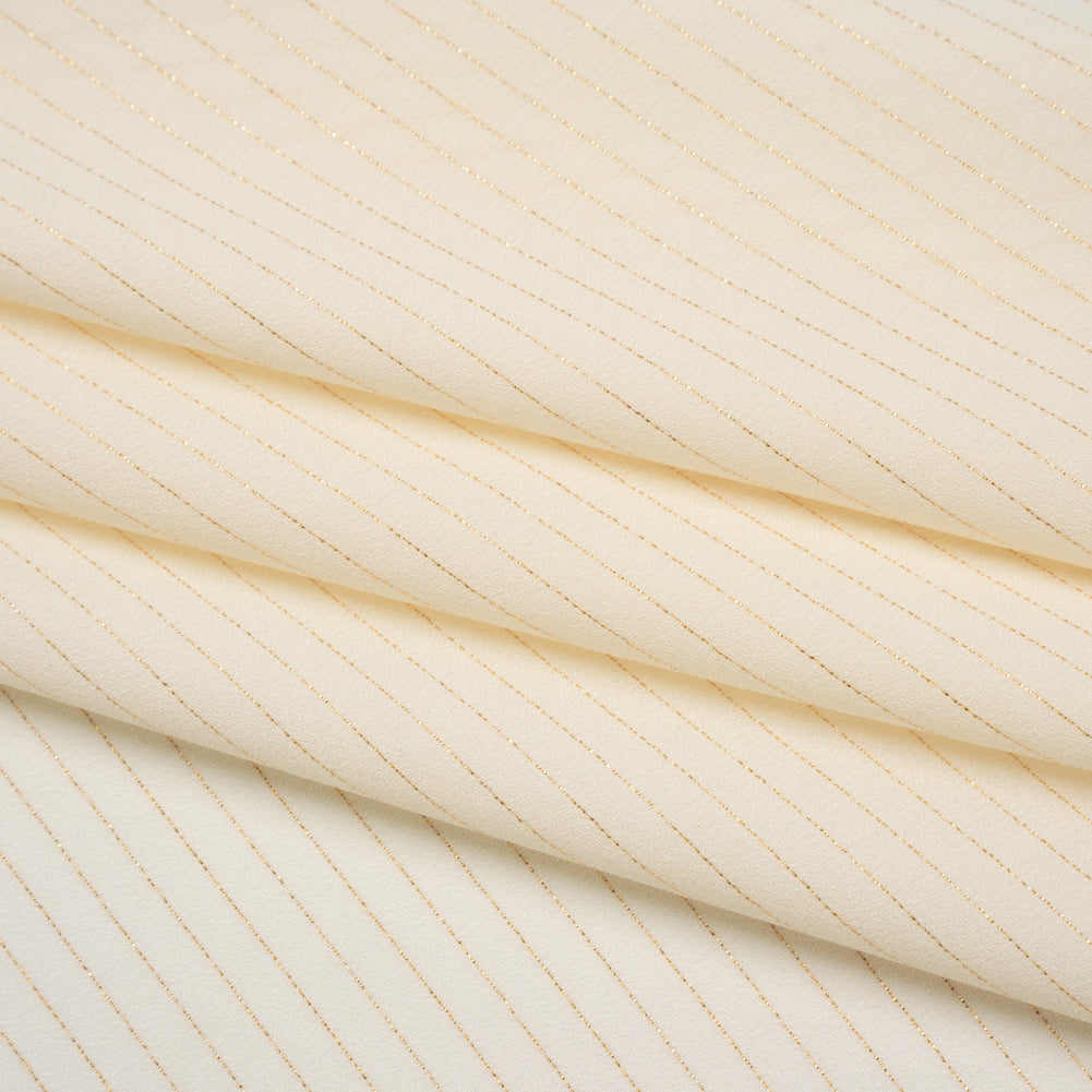 Crepe-Like Polyester Woven with Metallic Gold Pinstripes - Antique White - Designer Deadstock