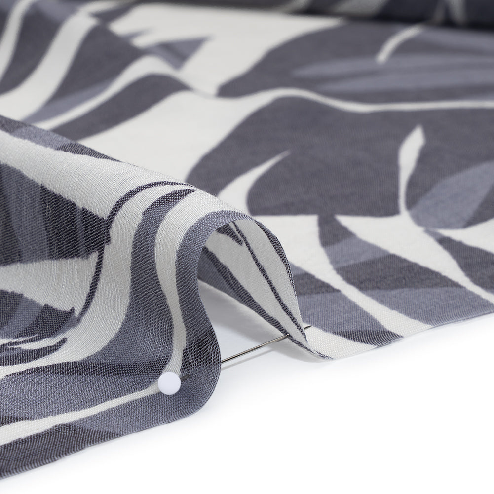 Slubbed Drapey Polyester and Rayon Woven Print - Cream and Cool Gray Palm Leaves - Designer Deadstock