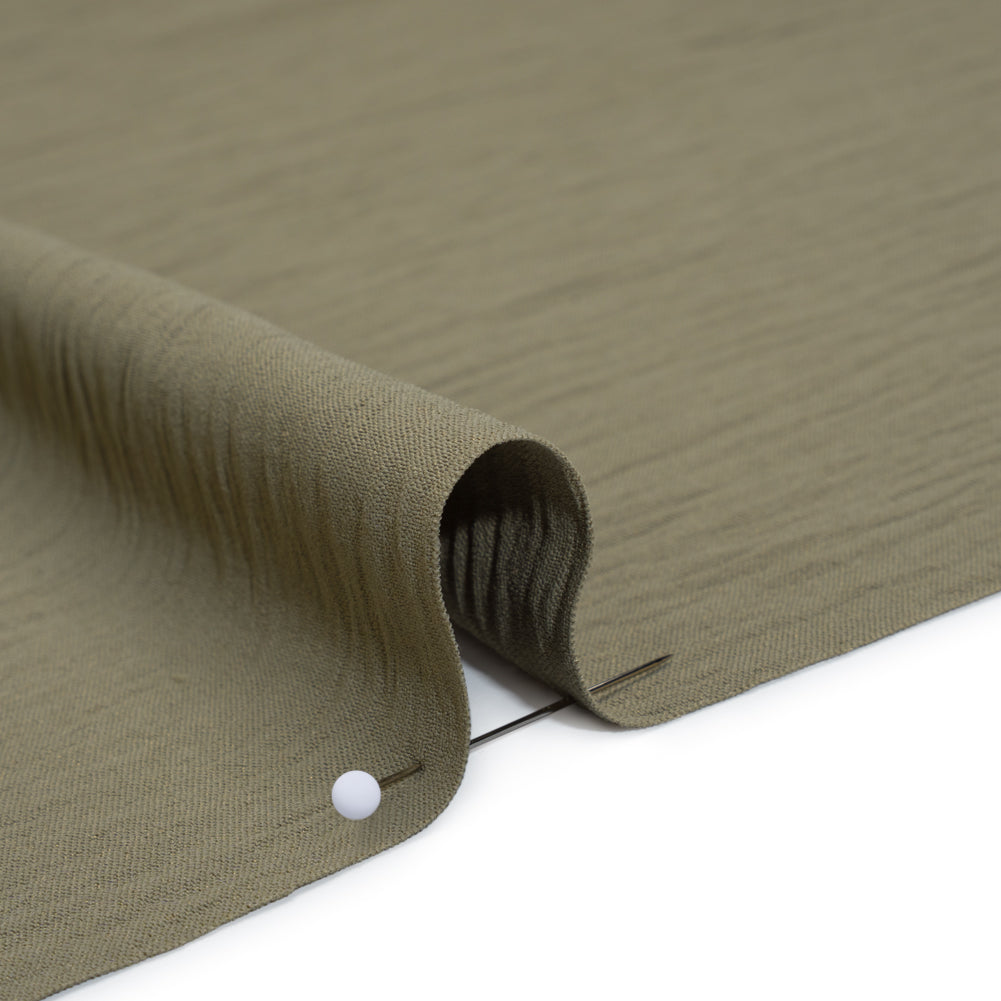 Crinkled Stretch Polyester Woven - Dusty Olive Green - Designer Deadstock