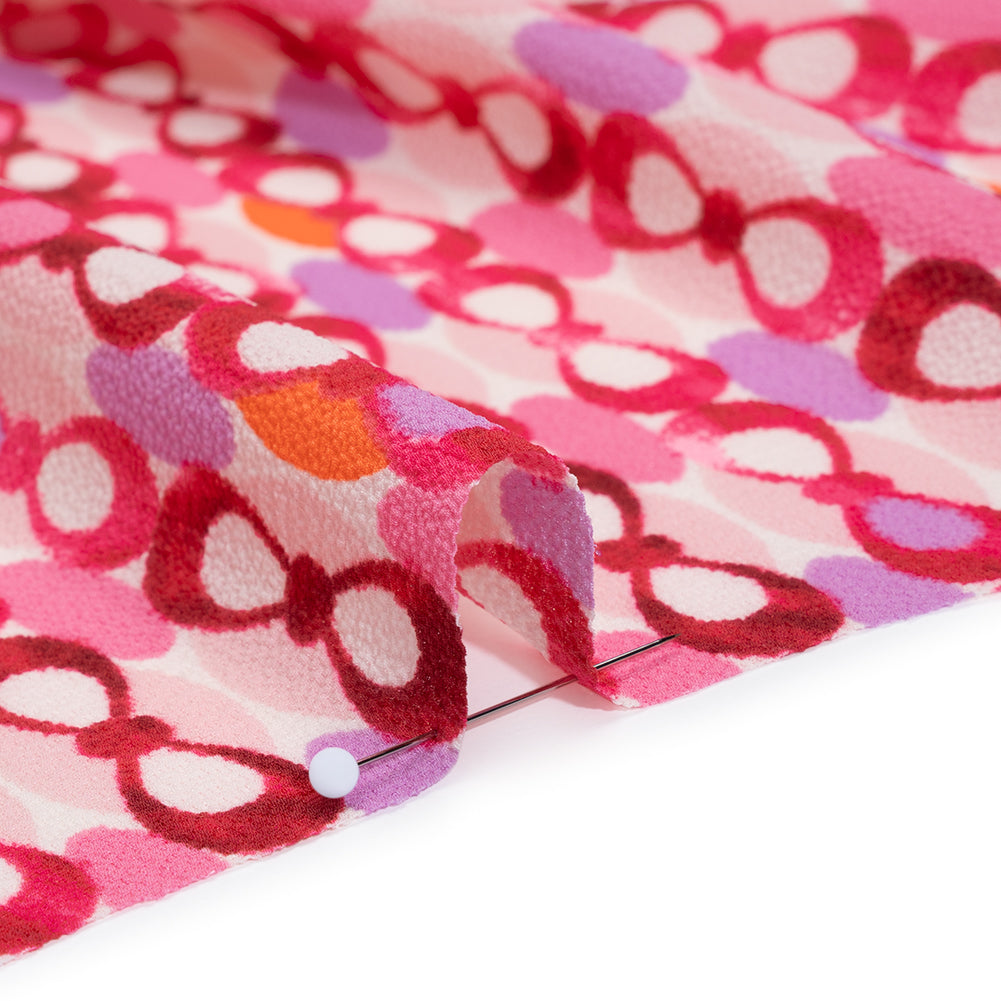 Stretch Puckered Polyester Crepe - Bubblegum Pink, Lavender and Magenta Rows of Bows and Floral Stripe Border - Designer Deadstock