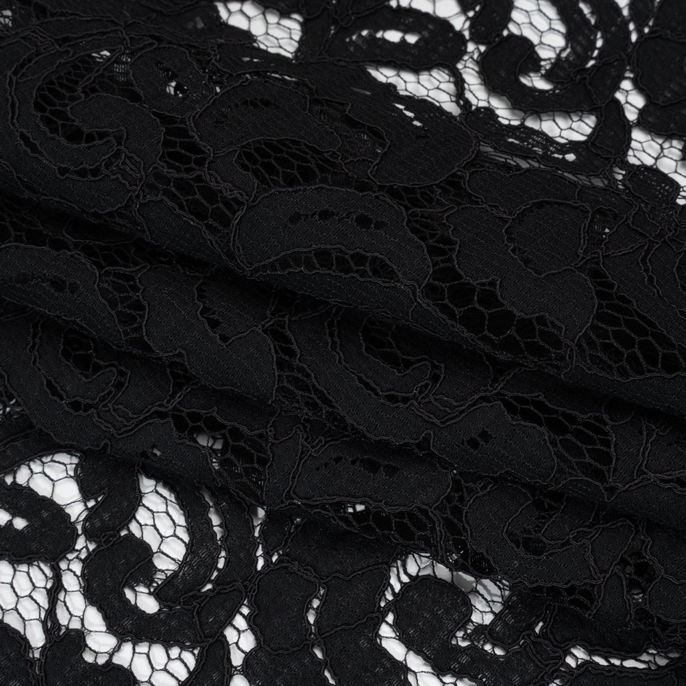 Corded Cotton and Polyester Lace - Black Floral - Designer Deadstock