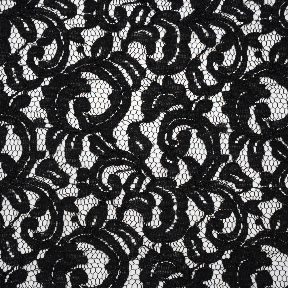Corded Cotton and Polyester Lace - Black Floral - Designer Deadstock