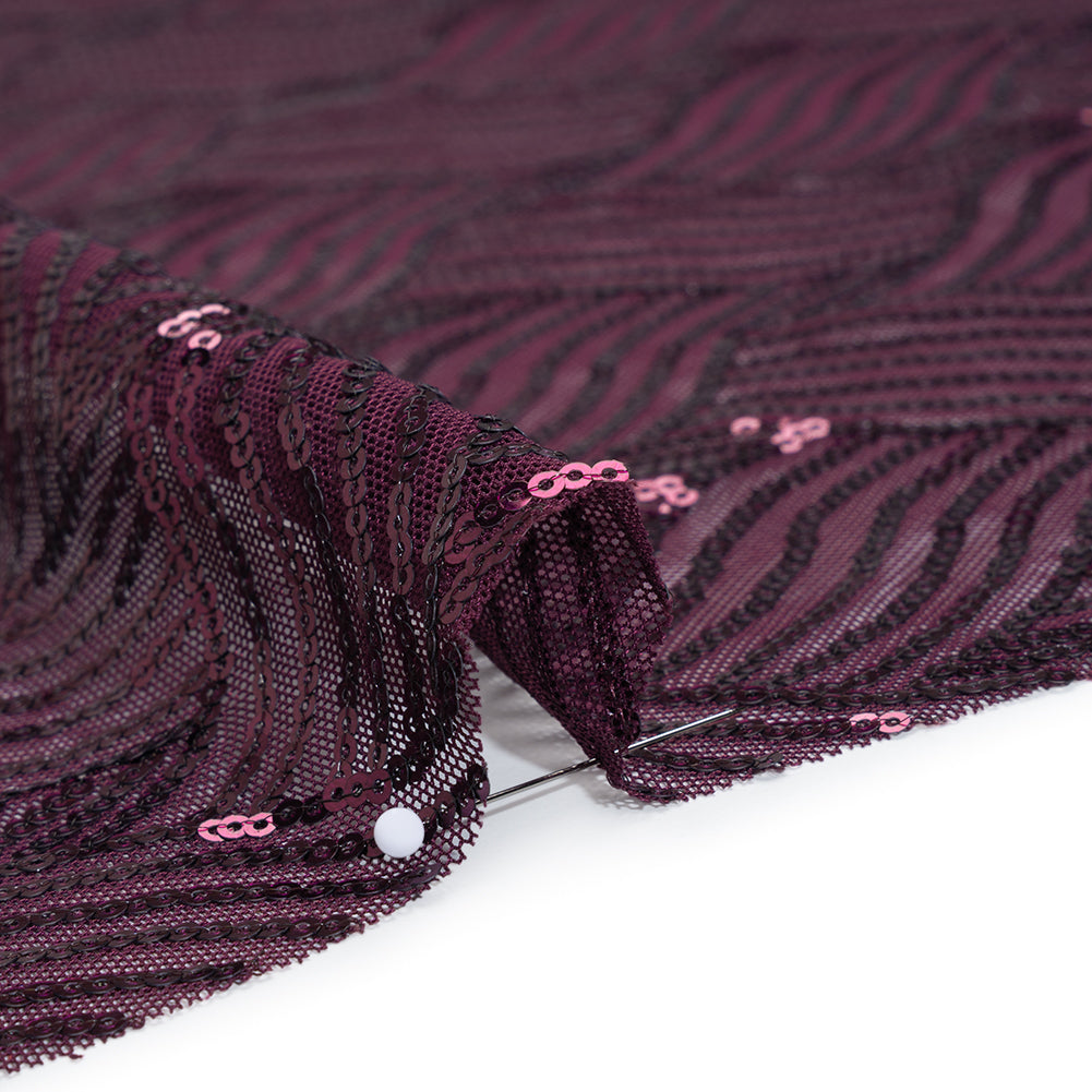 Stretch Polyester Mesh with Sequins - Plum Purple Wavey Weave - Designer Deadstock