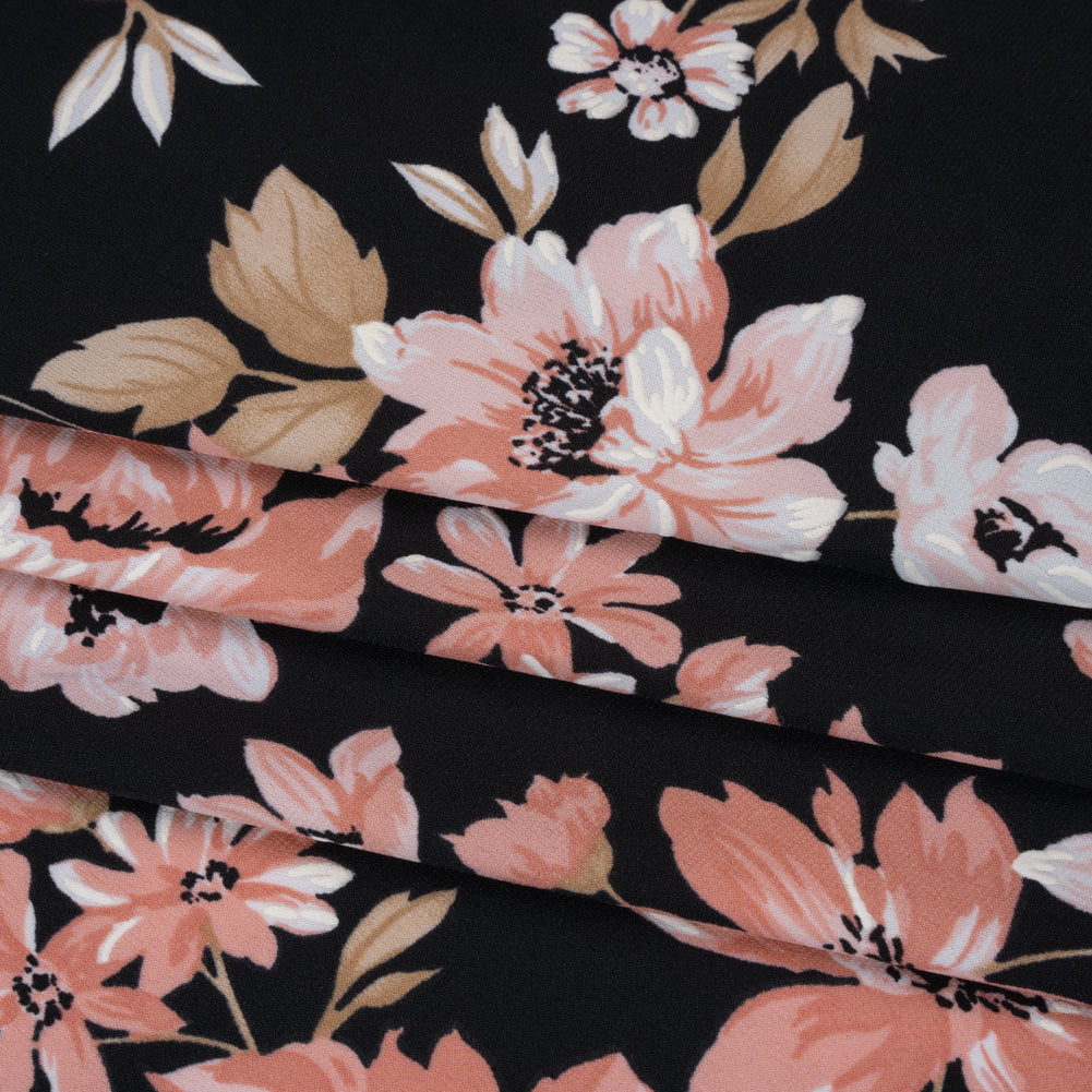 Stretch Polyester Jersey with Puff Print - Black, Pink and Beige Floral - Designer Deadstock